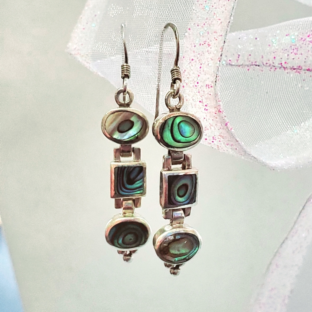 Abalone and Sterling Silver Dangle Earrings 1.6” Long - Picture 8 of 15